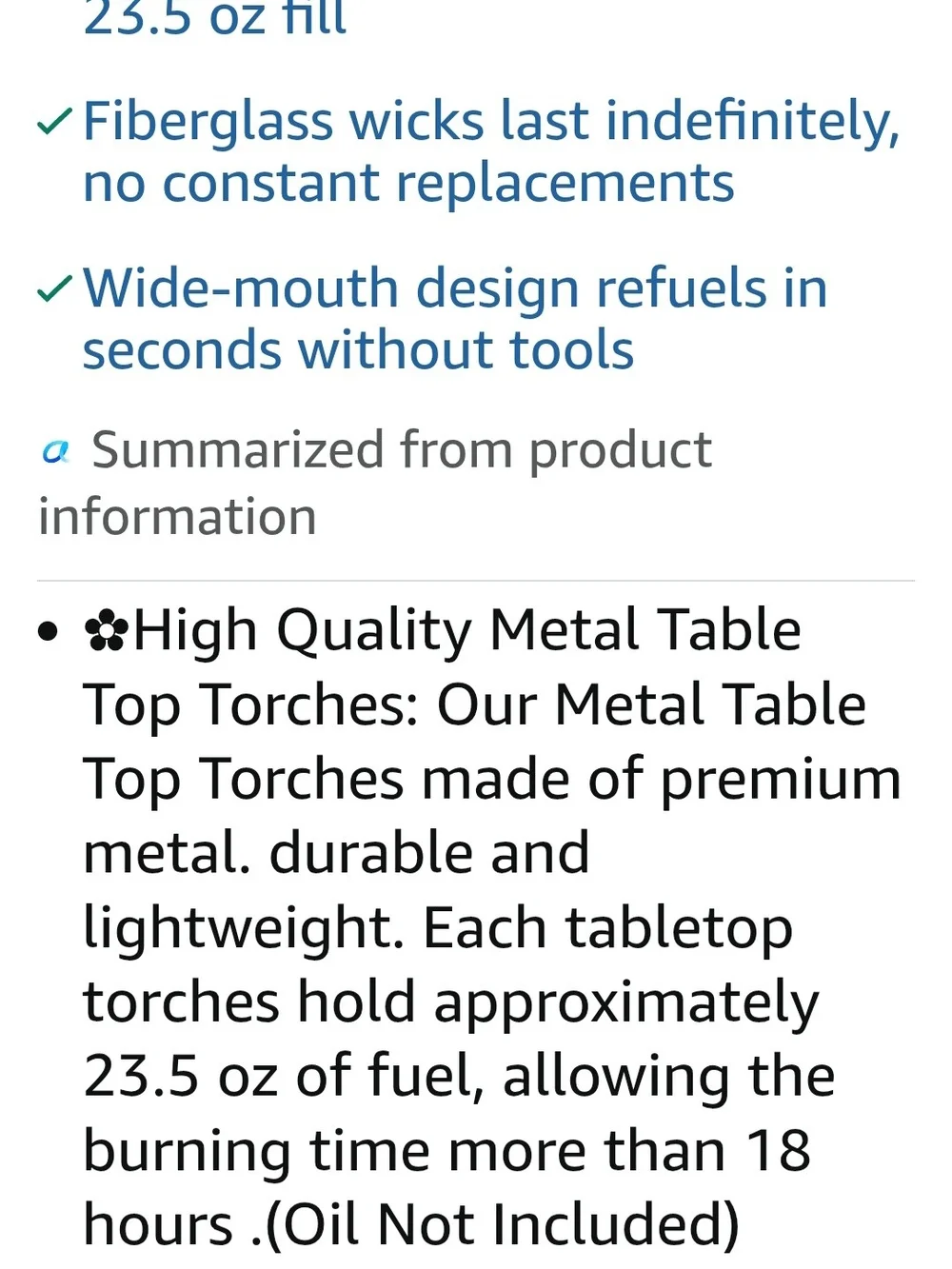 Black Outdoor Metal Table Top Torches 23.5 Oz - Pack of 6